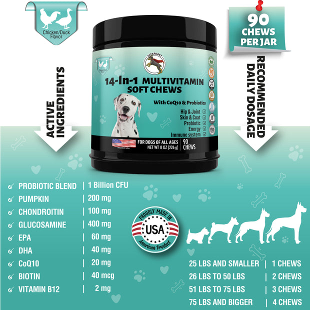 WIZARDPET 14-in-1 Dog Multivitamin | Everyday Supplement for Dogs with Glucosamine Probiotic, Chondroitin, Omega-3s | Hip Joint Support, Skin Coat, Heart Health, Gut & Immune | 90 Soft Chews